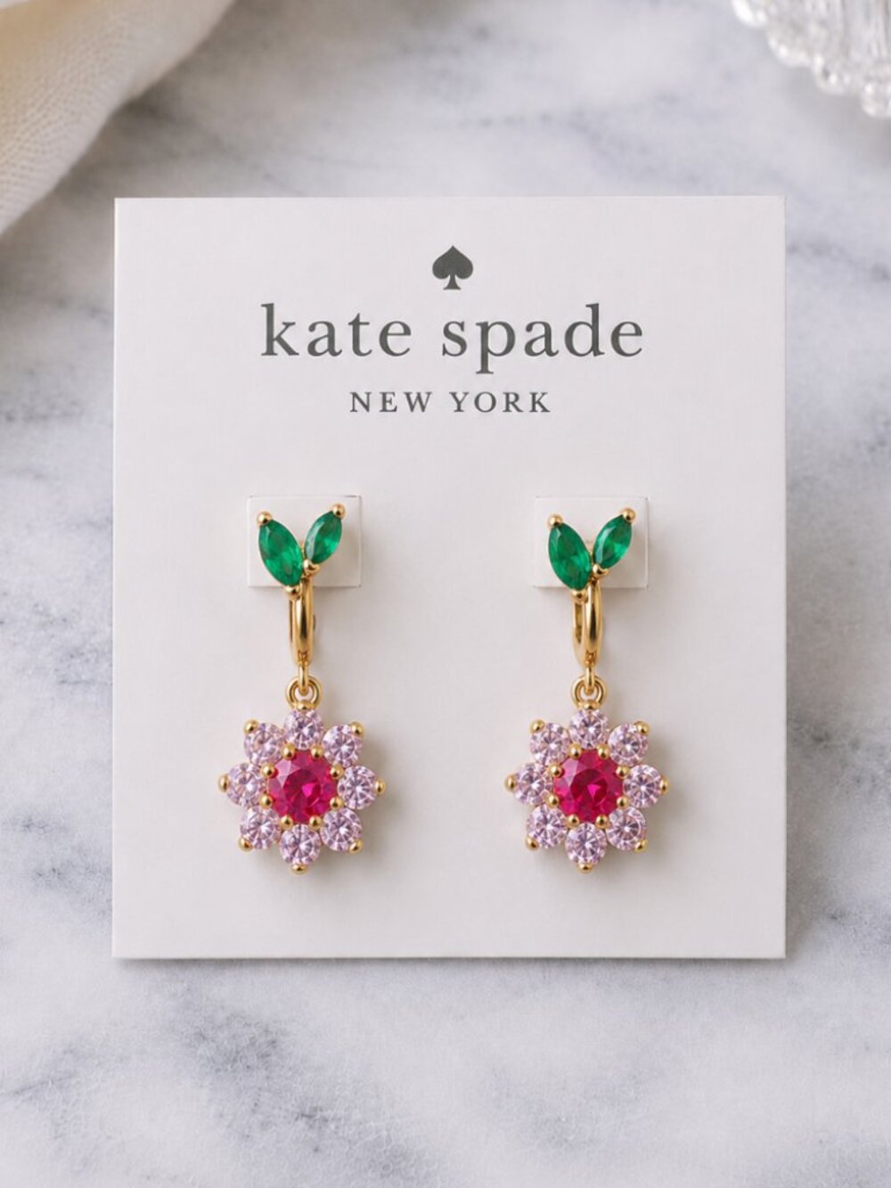 Kate Spade Pink Crystal Flower Drop Earrings Green Leaf Gold Huggie